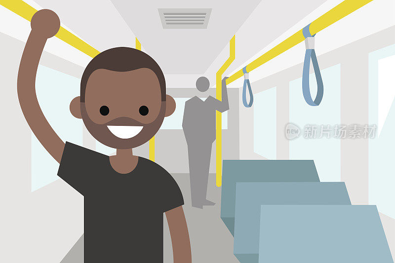 年轻的黑人乘客乘坐公共汽车/平面可编辑矢量插图，剪辑艺术